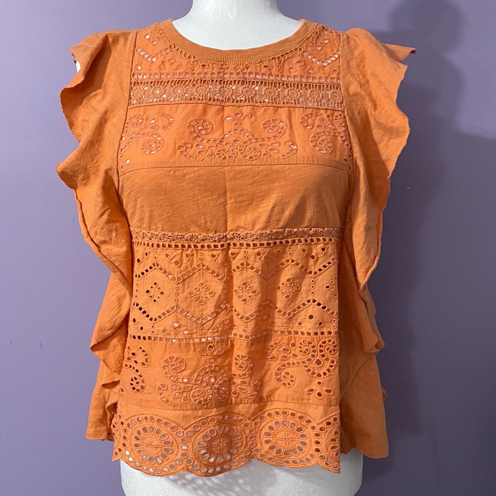 Anthropologie Orange Eyelet Ruffle Blouse Size XS